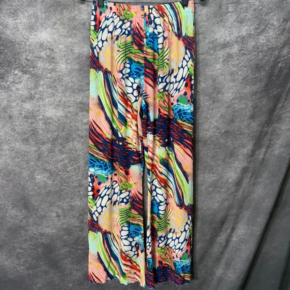 Rossi Roma Crinkle Fabric Wide Leg Palazzo Pants Abstract Colorful Print Resort